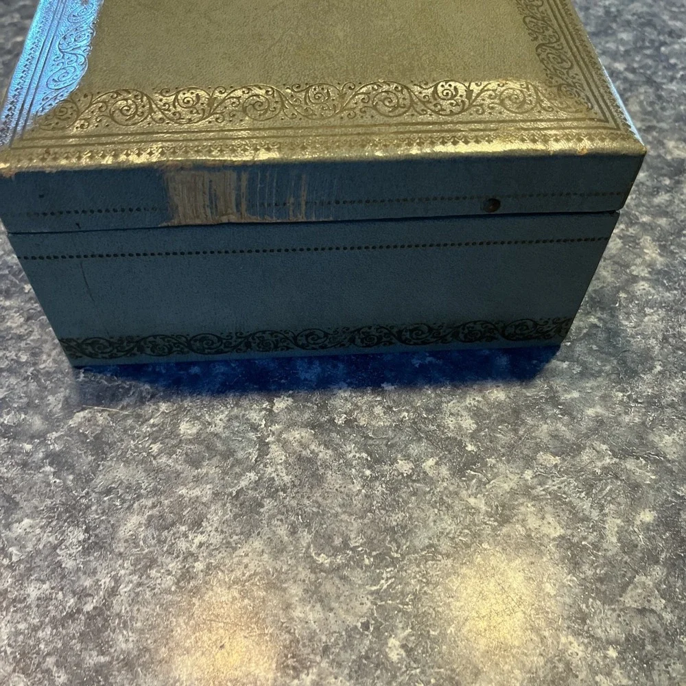 Vintage Blue Mele 2 Tier Leather Gold Trim Jewelry Box Baby Blue Velvet MCM Nice